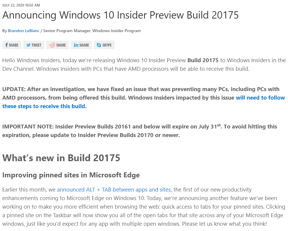 新版本功能！Windows 10 预览体验版本 20175 （开发通道） 可以将固定网站到任务栏