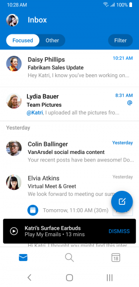 Outlook 安卓客户端新功能！4.2031.2版本中可以自动播放邮件