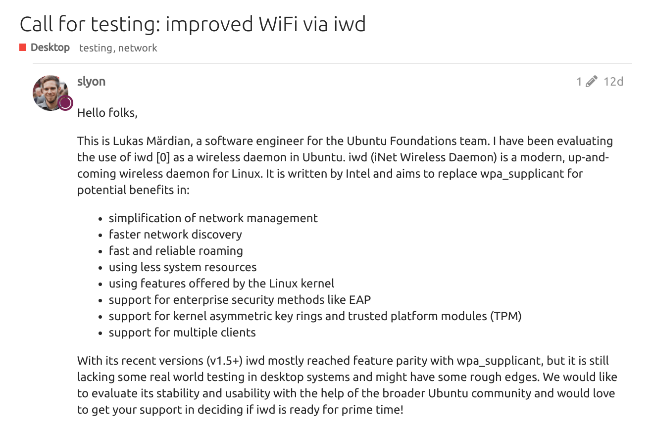 Ubuntu正在考虑使用Intel的IWD提供更好的WiFi 支持
