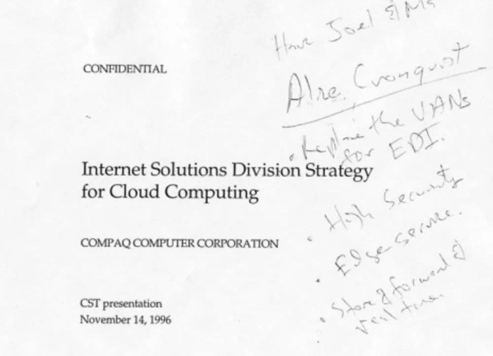 1996年Compaq公司在其公司的内部文件中，首次提及“云计算”这个词汇