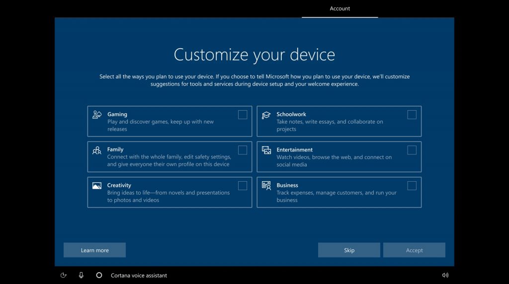 Windows 10 Insider build 20231添加了新选项以在初始设置期间自定义PC