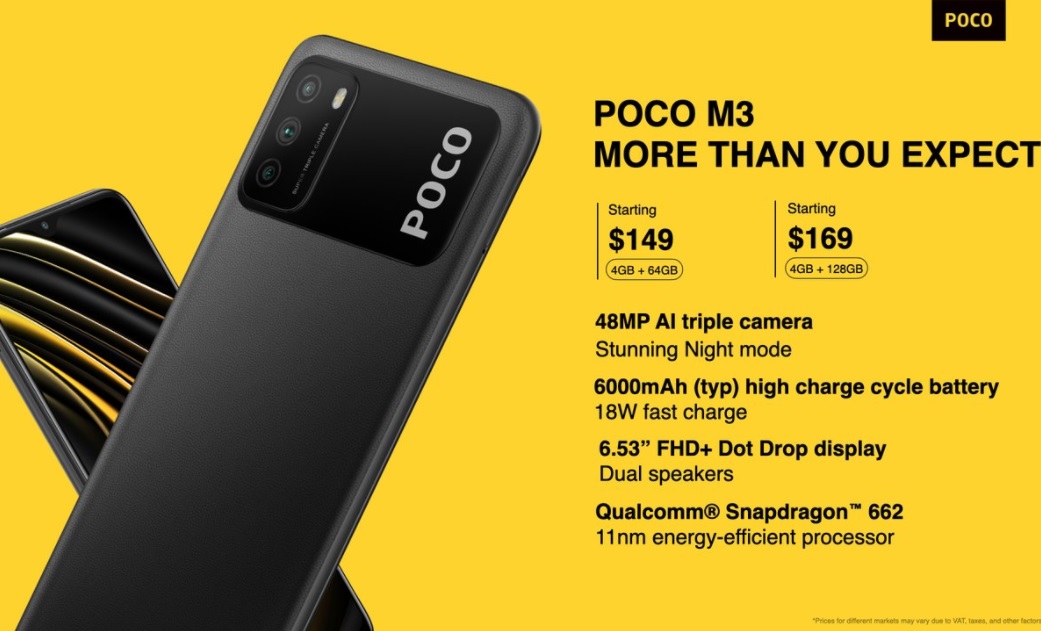 2020年11月24日，小米 POCO M3 海外发布，骁龙 662+6000mAh 大电池