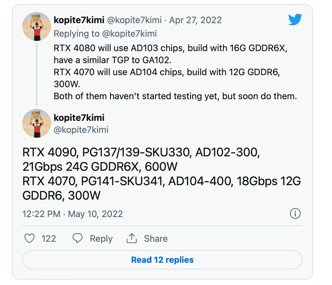英伟达 RTX 40 显卡最新爆料 4090/4080/4070 GPU 型号、显存、功耗曝光