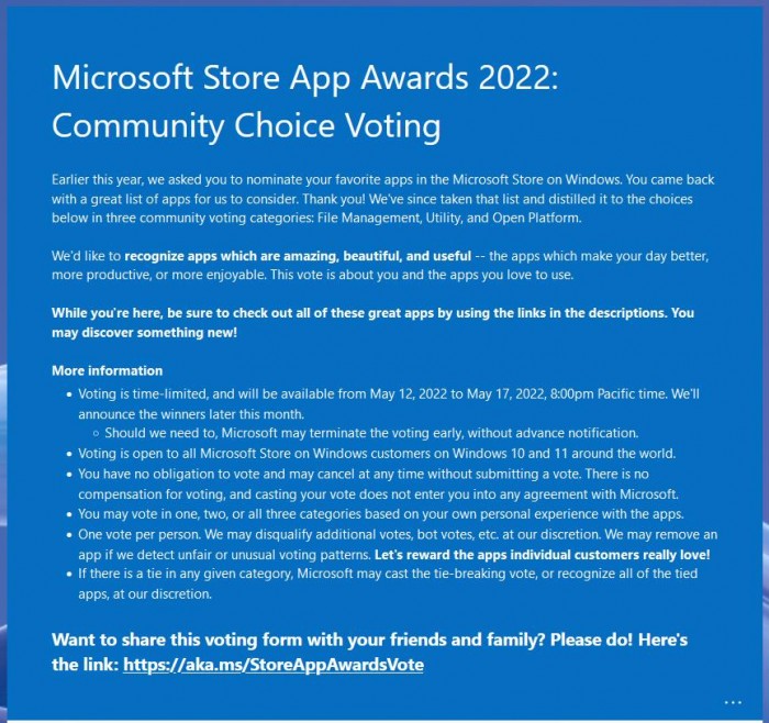 微软发起Microsoft Store最佳应用投票