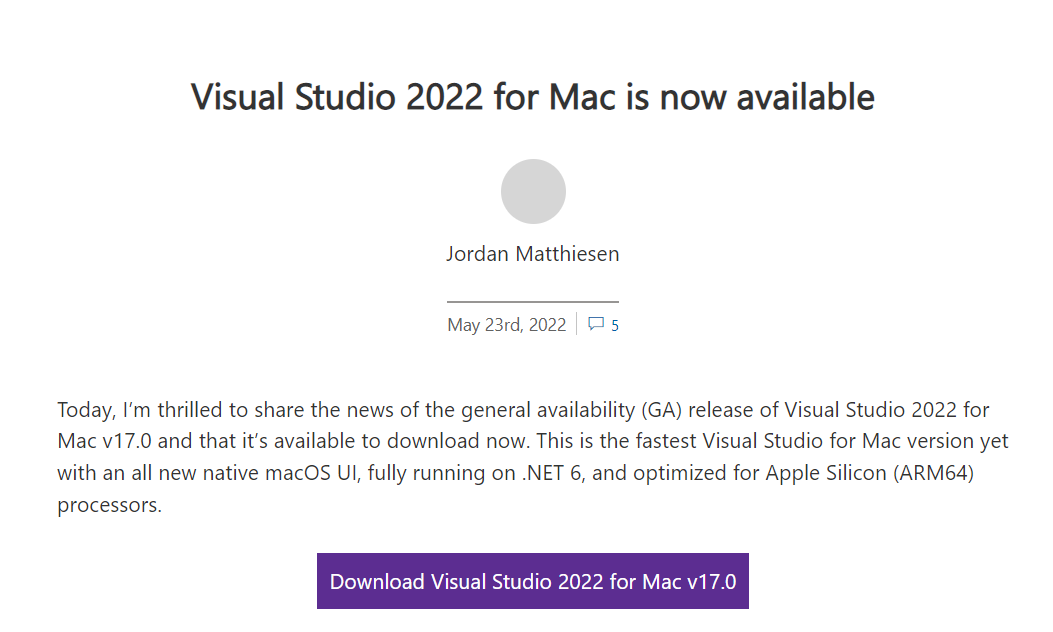微软发布 Visual Studio 2022 for Mac正式版