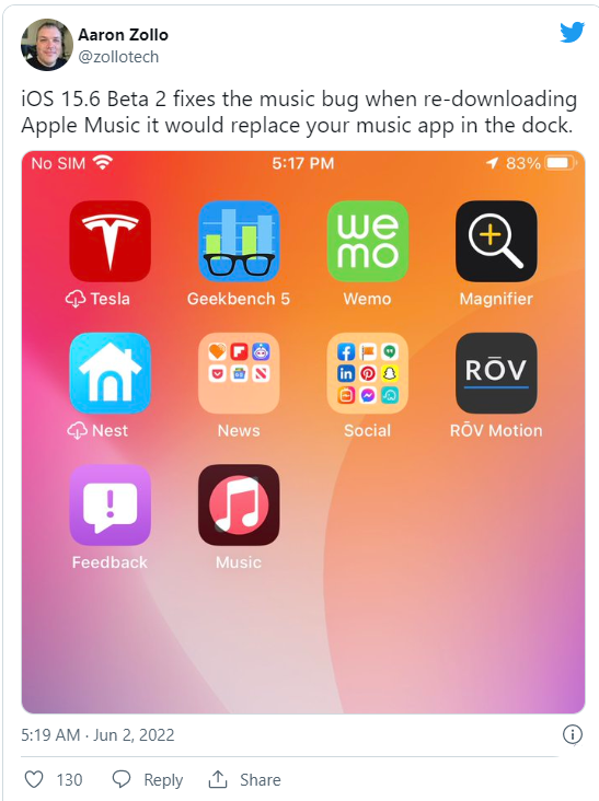 苹果 iOS 15.6 Beta 2 修复“Apple Music 从商店下载后替换 Dock 栏其他 App”Bug
