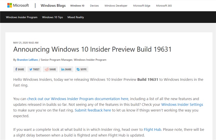 无新功能：微软向快速通道用户推送 Windows 10 Build 19631