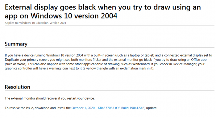 [图]微软承认Windows 10 v2004存在显示器黑屏问题 已发布修复补丁