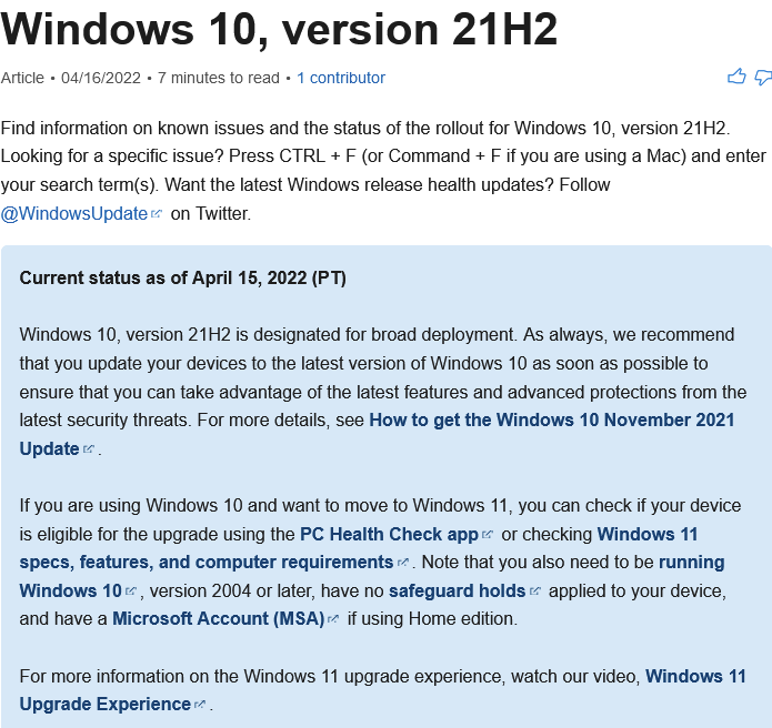 Windows 10 21H2版已向所有用户开放