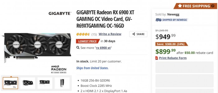 AMD Radeon RX 6900 XT显卡售价首次跌破1000美元大关