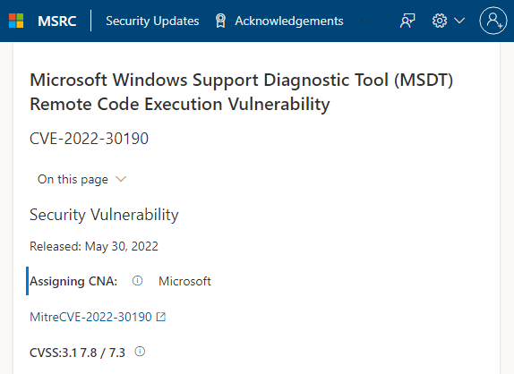 微软警告MSDT官方支持诊断工具存在一个严重的远程代码执行漏洞